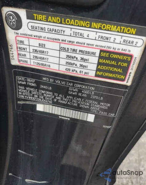 2008 Volvo C70 T5 из США, поврежденный, VIN YV1MC67228J044746